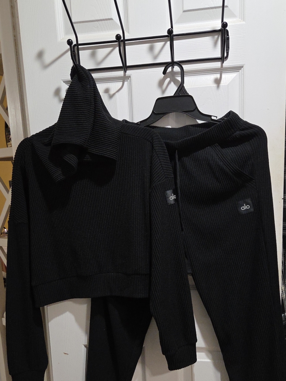 ALO Yoga Black Ribbed Hoodie & Joggers Set